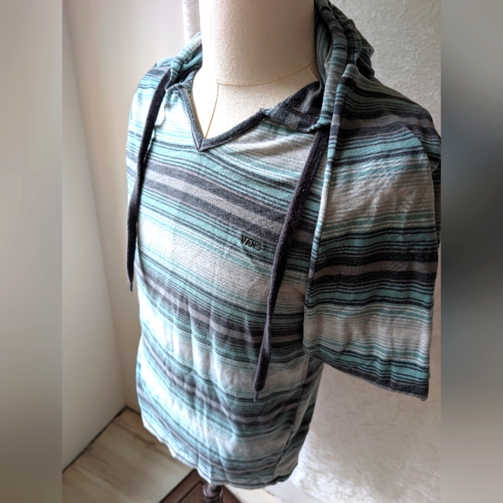 Vans Large Hoodie Sweater Shirt Blue Gray Horizontal Stripes Heavy Blend